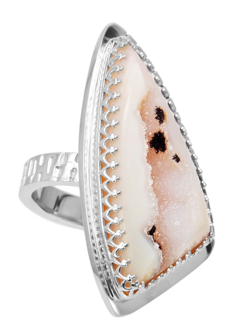 Anillo Hoja: Cuarzo Druzy y Plata .925