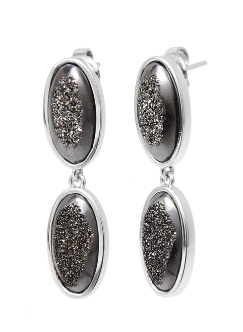 Aretes Buena Fortuna: Cuarzo Druzy Titanium y Plata .925 con diseño en forma oval