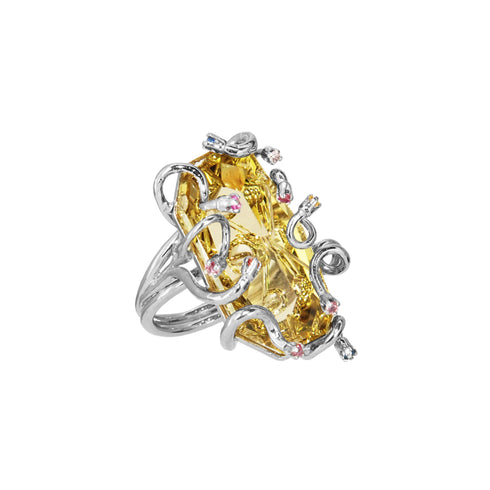 Anillo Canasta Cósmica: Citrina con zafiro en plata .925