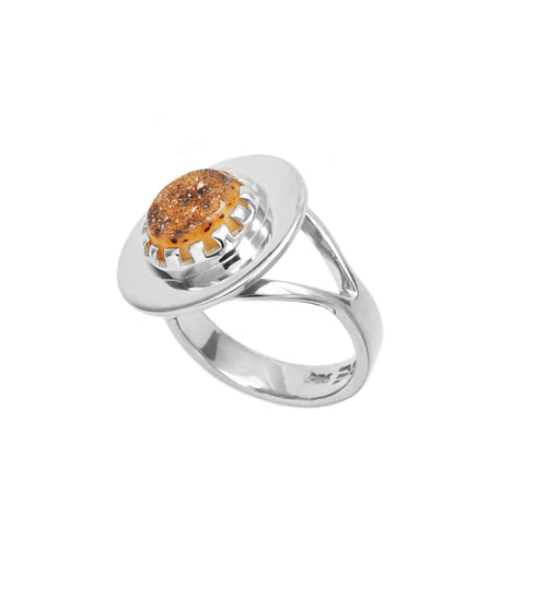 Anillo Ventana: cuarzo druzy y plata .925 con Glifo Maya IK