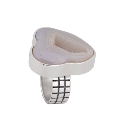 Anillo Descodificador: Cuarzo Druzy y Plata .925 con argolla a cuadros